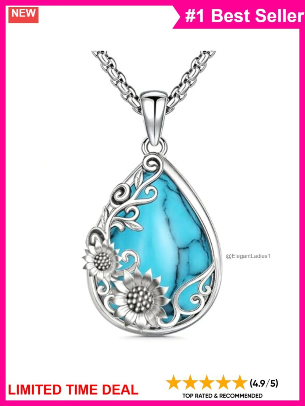 925 Sterling Silver Turquoise Teardrop Pendant Necklace with Filigree &